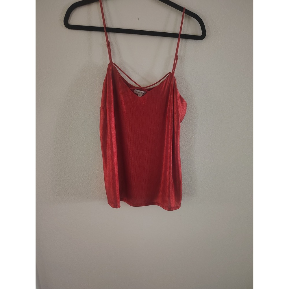 Lovefire Red Metallic Pleated‎ Cami Top Adjustable Straps Crisscross V-Neck L
